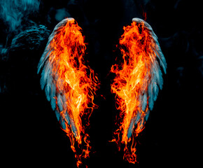 White angel wings engulfed in flames against a dark smoky background, symbolizing destruction, transformation, and fallen grace.