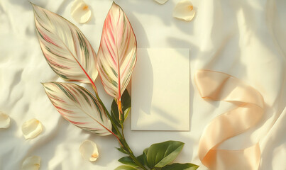 Wedding invitation, elegant Rhoeo Tricolor leaves used in a botanical wedding flat lay arrangement with copy space