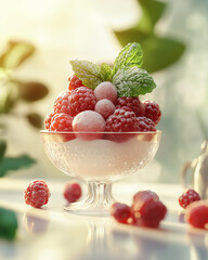 Freshly made Rodgrod med Flode in a glass dessert cup with whole berries and mint garnish