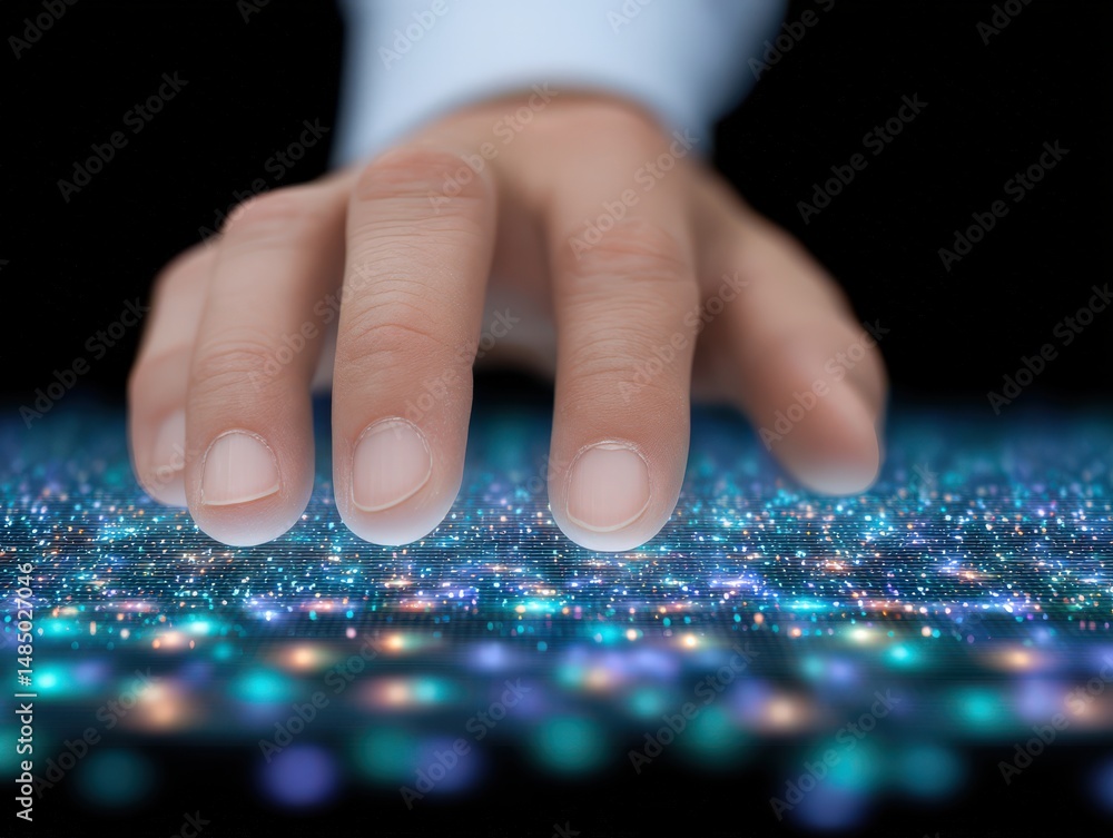 Poster digital interaction of a human hand reaching toward a futuristic holographic display filled with vib