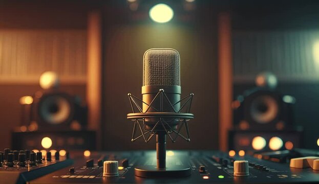 Close-up of a professional studio microphone on a stand in a sound booth during a recording session
