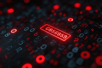 Abstract digital background with glowing red numbers and symbols, suggesting data processing and technology