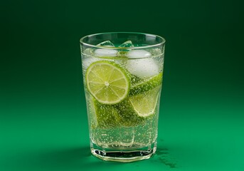 Refreshing Gin and Tonic Cocktail with Lime and Ice on Green Background.