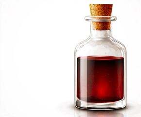 A transparent glass bottle with a cork stopper contains a deep red liquid, set against a white background, creating a minimalist and mysterious composition that evokes alchemy, medicine.