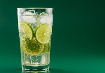 Refreshing Lime Soda Cocktail in Glass with Ice, Close-Up on Green Background.