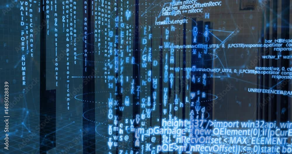 Poster Glowing blue code streams floating in 3D data space, featuring wireframe grid and node connections