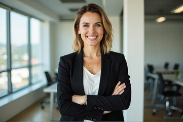 Obraz premium Woman standing in an office with her arms crossed, wearing a black and white dress and smiling.