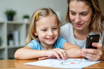 Woman and a little girl sitting at a table, both of them smiling.