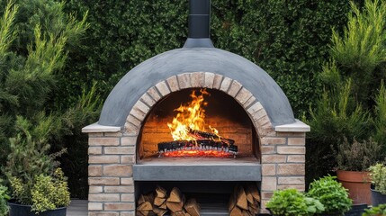 Outdoor brick pizza oven with burning fire cooking summer garden