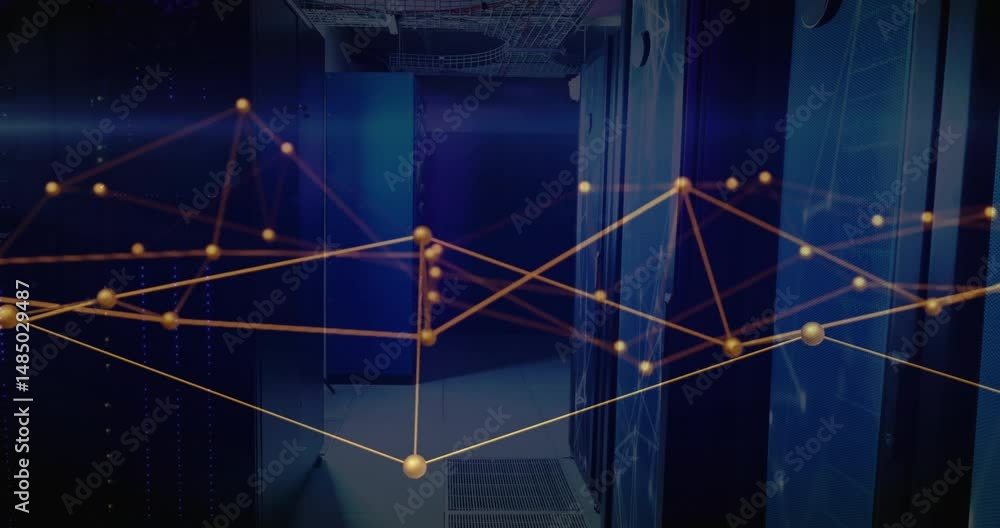 Poster floating network graph hovering across data center corridor, showing server racks, glowing cables