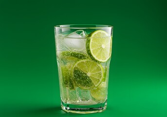 Refreshing Lime Drink with Ice in Glass on Green Background, Citrus Beverage Concept.