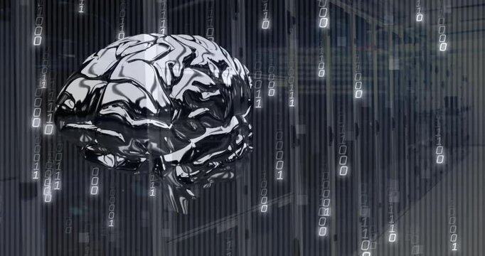 3D metallic brain sculpture floating left in digital grid, showing cascading binary data streams