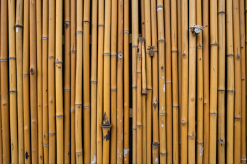 Close up of a bamboo fence made up of wooden sticks, with a wall in background.