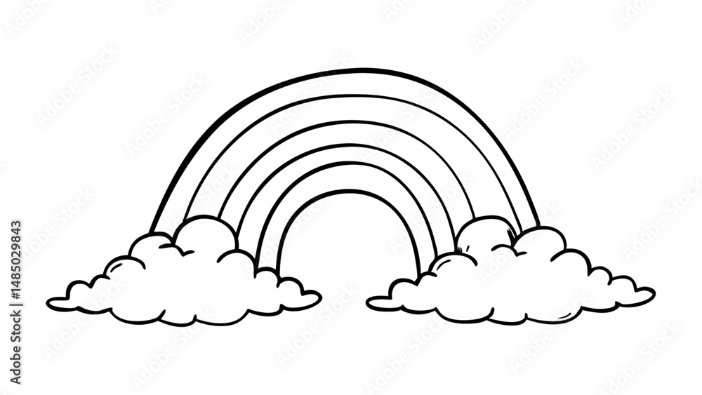 Aufkleber illustration of a rainbow with five arcs resting on two fluffy clouds in a black and white drawing c