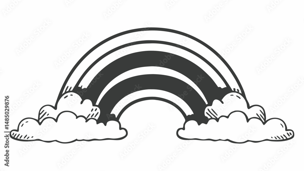 Poster illustration of a rainbow with three bands ending in fluffy clouds on both sides in black and white 