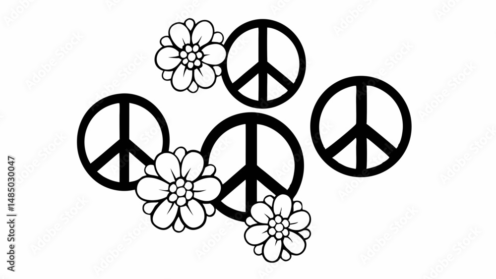 Poster illustration of peace symbols and flowers arranged randomly on a white background design element cre