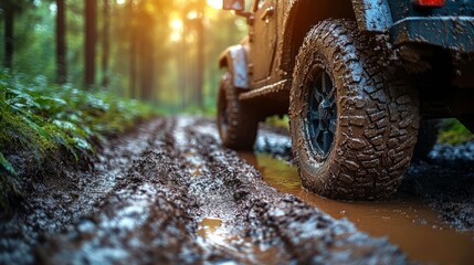 An off-road vehicle splashes through muddy trails, surrounded by lush greenery in soft sunlight