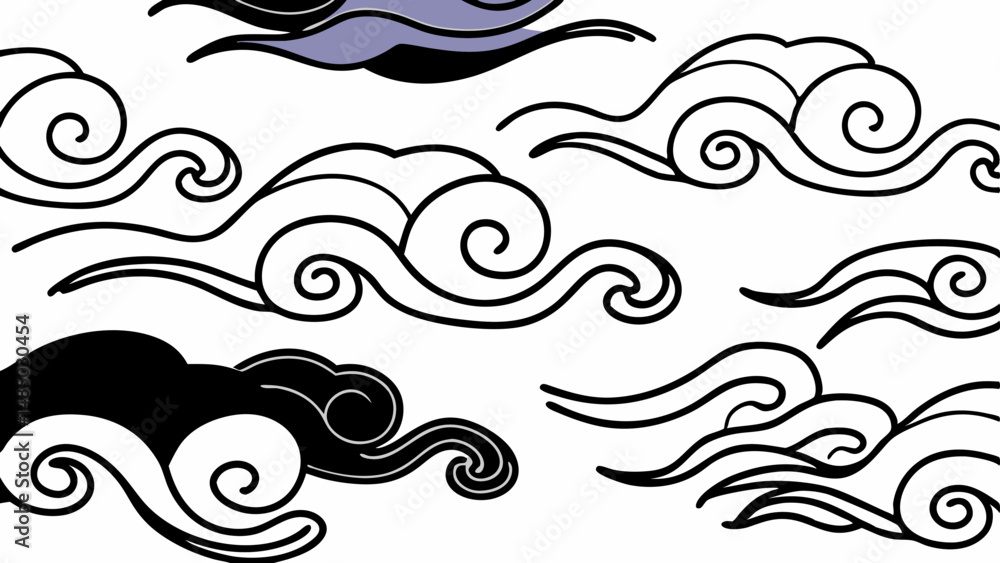 Poster stylized cloud patterns in black and white with some purple accents on a white background design cre