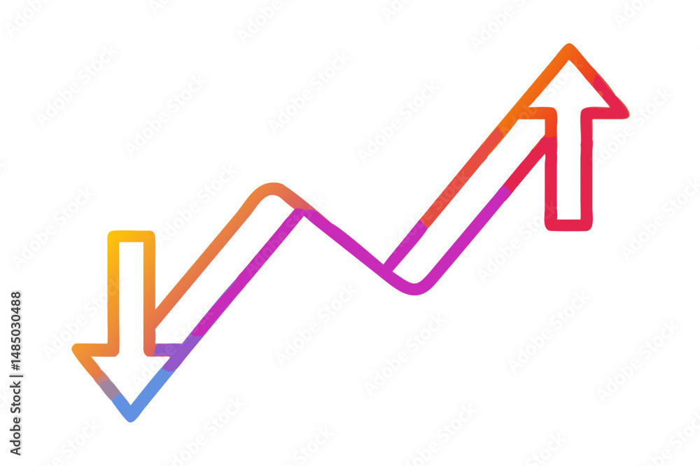Poster colorful arrow graph showing initial decline then significant growth