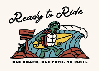 A chill summer illustration of a cool turtle holding a surfboard and standing in front of a crashing wave, with a wooden signpost and sunny background.