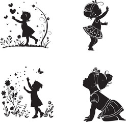 Black and white vector illustrations of young girls, child silhouettes playing with flowers and hearts, emotional and whimsical design, little girl in profile, floral and butterfly motifs art.