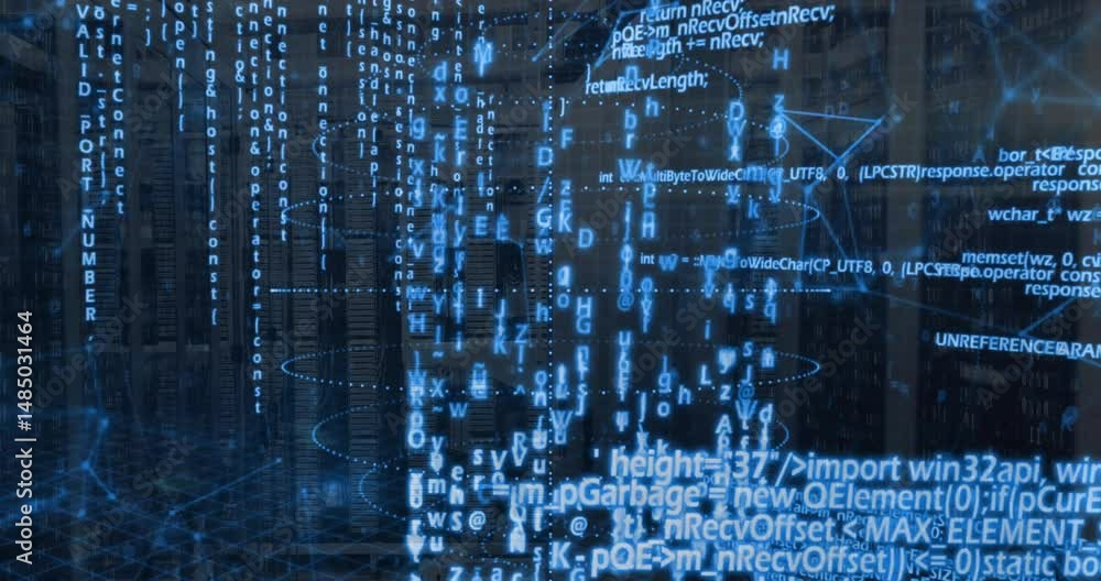 Poster glowing blue code cascading over server racks, revealing spirals and network grid in flat design