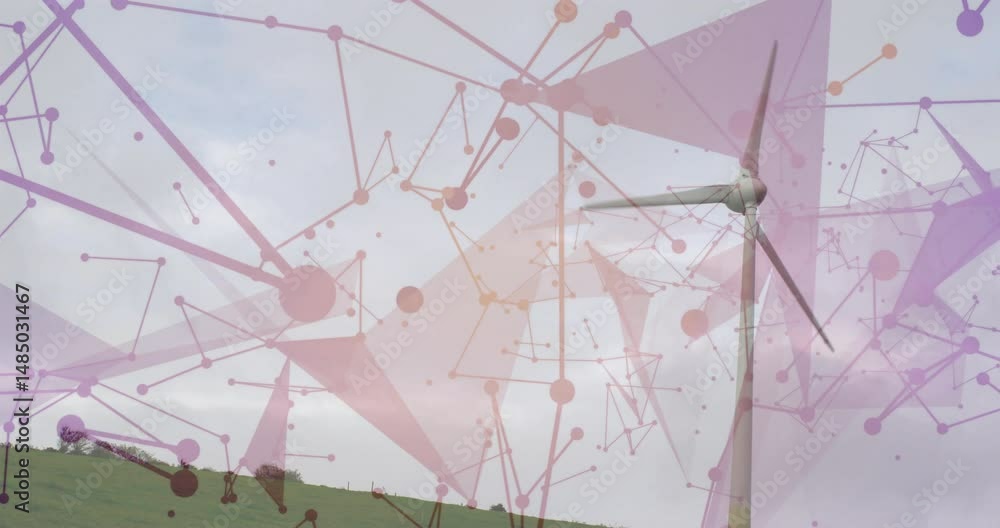 Poster wind turbine illustrating data network on grassy hillside, showing translucent lines and pink nodes