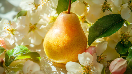 A pear bathed in spring sunlight, resting on a vibrant floral backdrop, exuding a delicate fragrance
