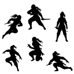 Silhouettes of Female Ninja (Kunoichi) in Action Poses © koka.design