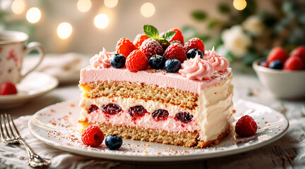 immagine ravvicinata di deliziosa ricercata fetta di dolce con creme e soffice pan di Spagna, elegante presentazione con piattino in porcellana bianca e forchetta in argento