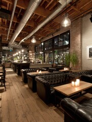 Interior of chic restaurant with leather booths and exposed ductwork, low angle, warm lighting, Vancouver