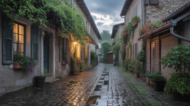 Picturesque european streetscape illuminated by soft light during a gentle rain shower