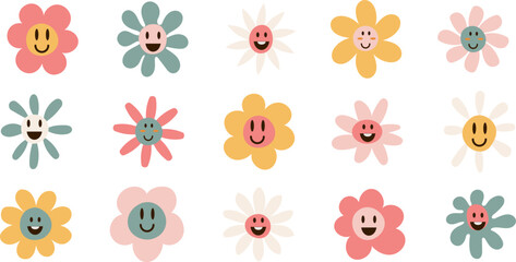 Hand drawn hippy groovy daisy flowers set. Retro vintage decorative element. icon flower, pastel colors, kids cute decor. Flat cartoon illustration.