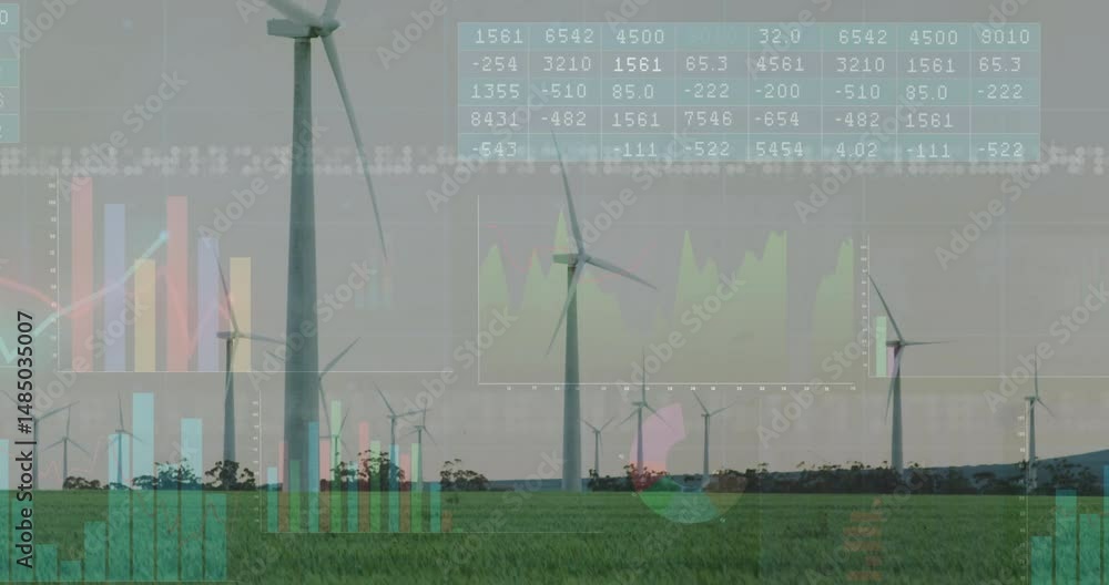 Poster wind turbine tower projecting translucent charts, graphs and pie chart overlay over green field
