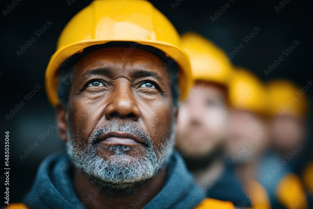 Poster focused construction worker exhibiting determination and resilience gazing upwards with a hopeful ex