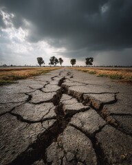 Fototapeta premium Cracked Asphalt Road Leading to Distant Trees Under Stormy Sky Low Angle Perspective Damage Disaster Risk