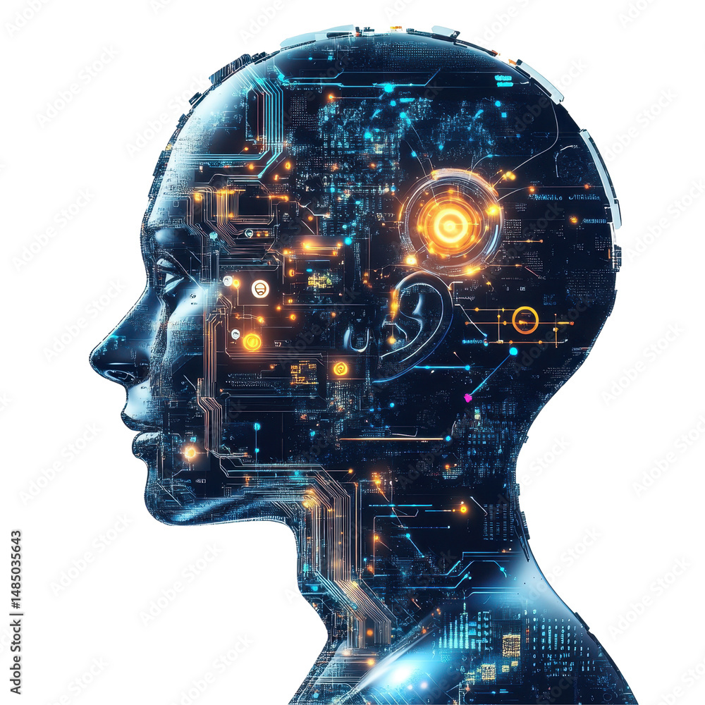 Poster futuristic representation of a humanoid figure with digital circuitry and glowing elements