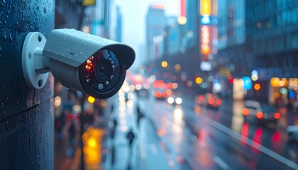 Urban surveillance camera watching over rainy city street.