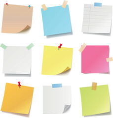Paper notes with pin and tape. Coloured stickers, torn sheets and notebook pages. Note sticky papers with curled corner. Realistic templates for a note message. Vector illustration.