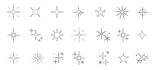 Stars flat line icons set. Starry night, falling star, firework, twinkle, glow, glitter burst vector illustrations. Outline signs for glossy material property. Pixel perfect. Editable Strokes.