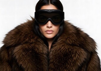 Woman in Fur Coat and Ski Goggles. Fashion Portrait. Luxury Winter Style. Glamorous. Snow Sports Gear.