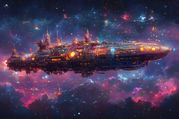 Ornate spaceship with glowing lights floats against a backdrop of colorful clouds and stars in a surreal, dreamlike scene