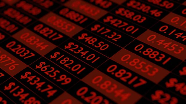 Stock red number count display screen markets down dynamic table screen financial recession, business crisis and economic collapse slide and dolly camera. - Powered by Adobe