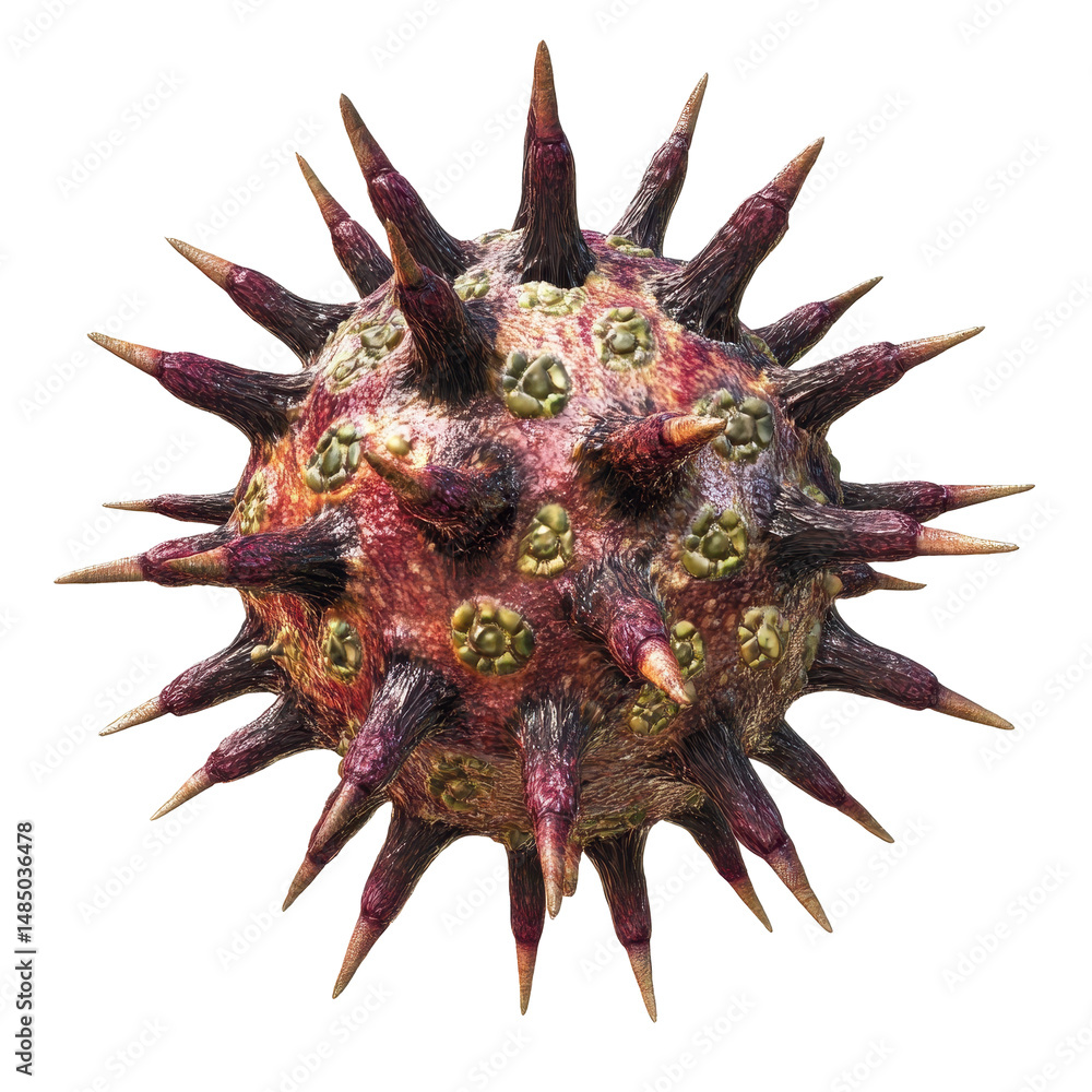 Aufkleber detailed view of a virus model showcasing spikes and textures, illustrating viral structure and char
