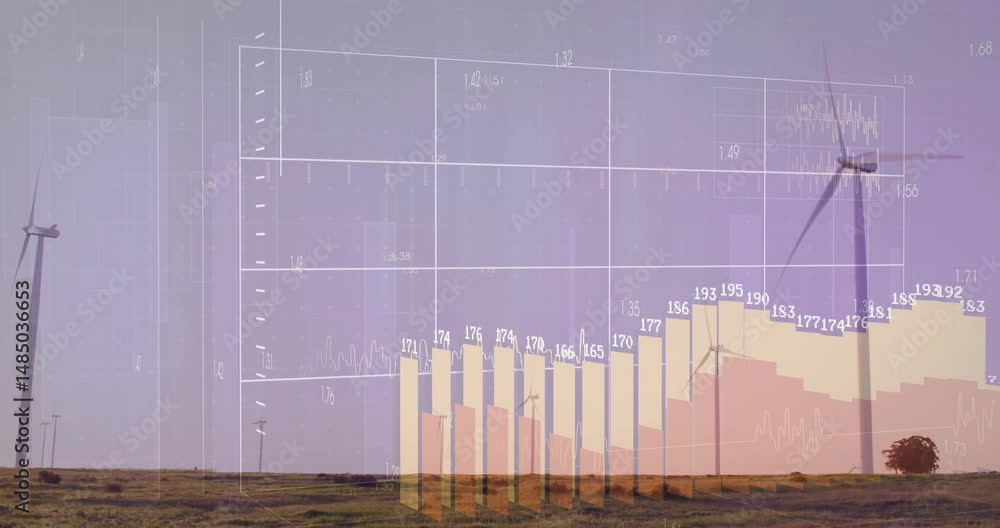 Poster wind turbines being visualized in field, with bar chart overlay, grid lines and pastel gradient