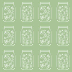 Seamless pattern with pickled cucumber jars, line art vector illustration.