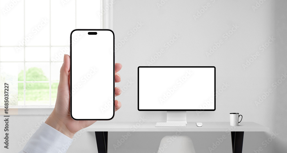Poster office scene with phone and desktop monitor mockups, perfect for showcasing fintech apps, investment