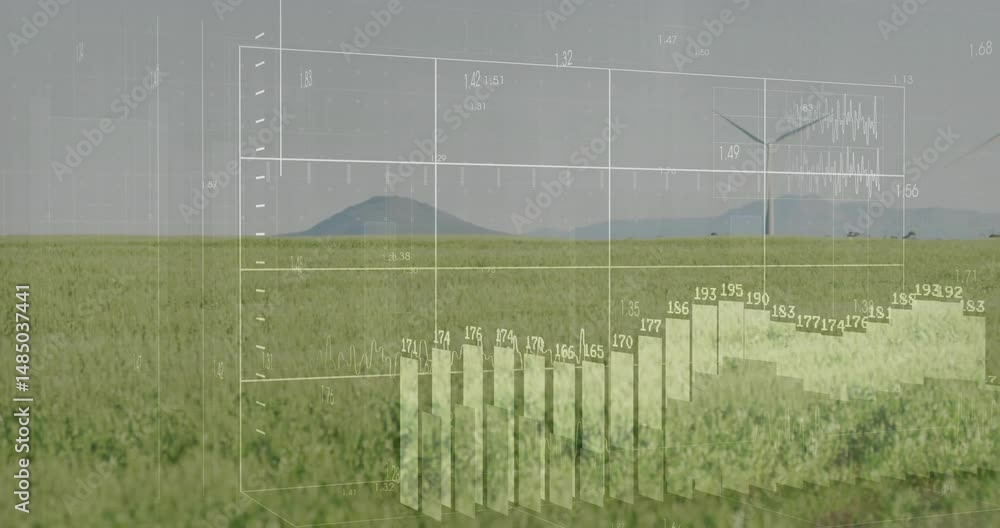 Poster wind turbines projecting augmented data overlays across green crop field with line graphs and grids