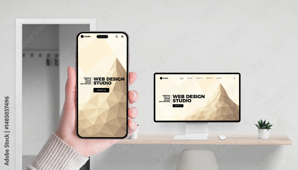 Poster Web design studio concept with app and website shown on smartphone and computer in office setting