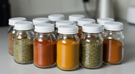Glass spice jars with white lids, collection of colorful seasoning bottles on kitchen counter, organized pantry storage containers © Sohail
